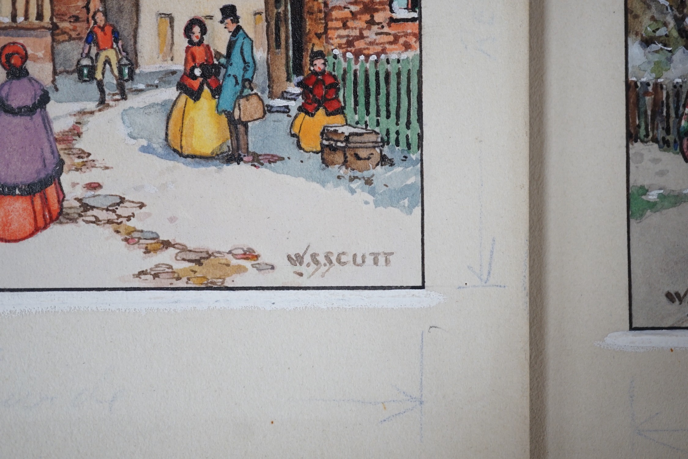 W.S. Scutt, ink and watercolour, vintage greeting card designs, Victorian winter scenes, overall 24 x 20cm, unframed, together with two Savile Lumley vintage Christmas card designs, Victorian coaching scenes, signed, lar